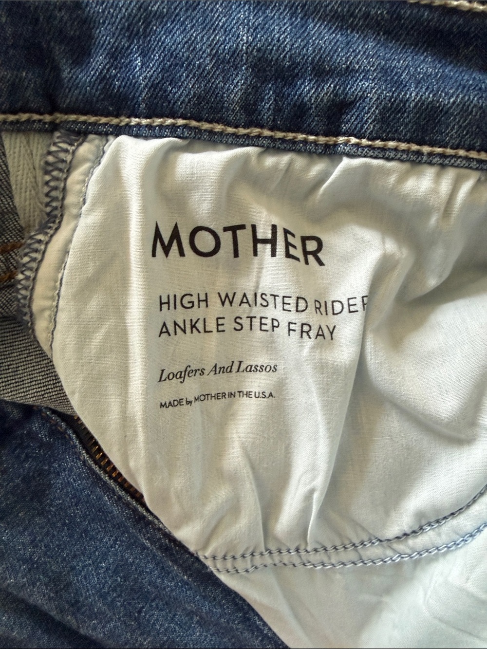 MOTHER High Waisted Rider Ankle Step Fray Jeans - Blue Denim